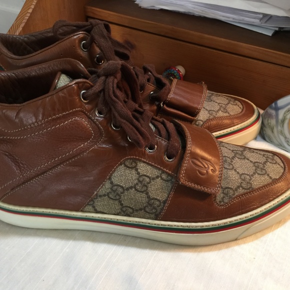 Gucci Shoes Mens Hicut Gucci Sneakers Brown Leather